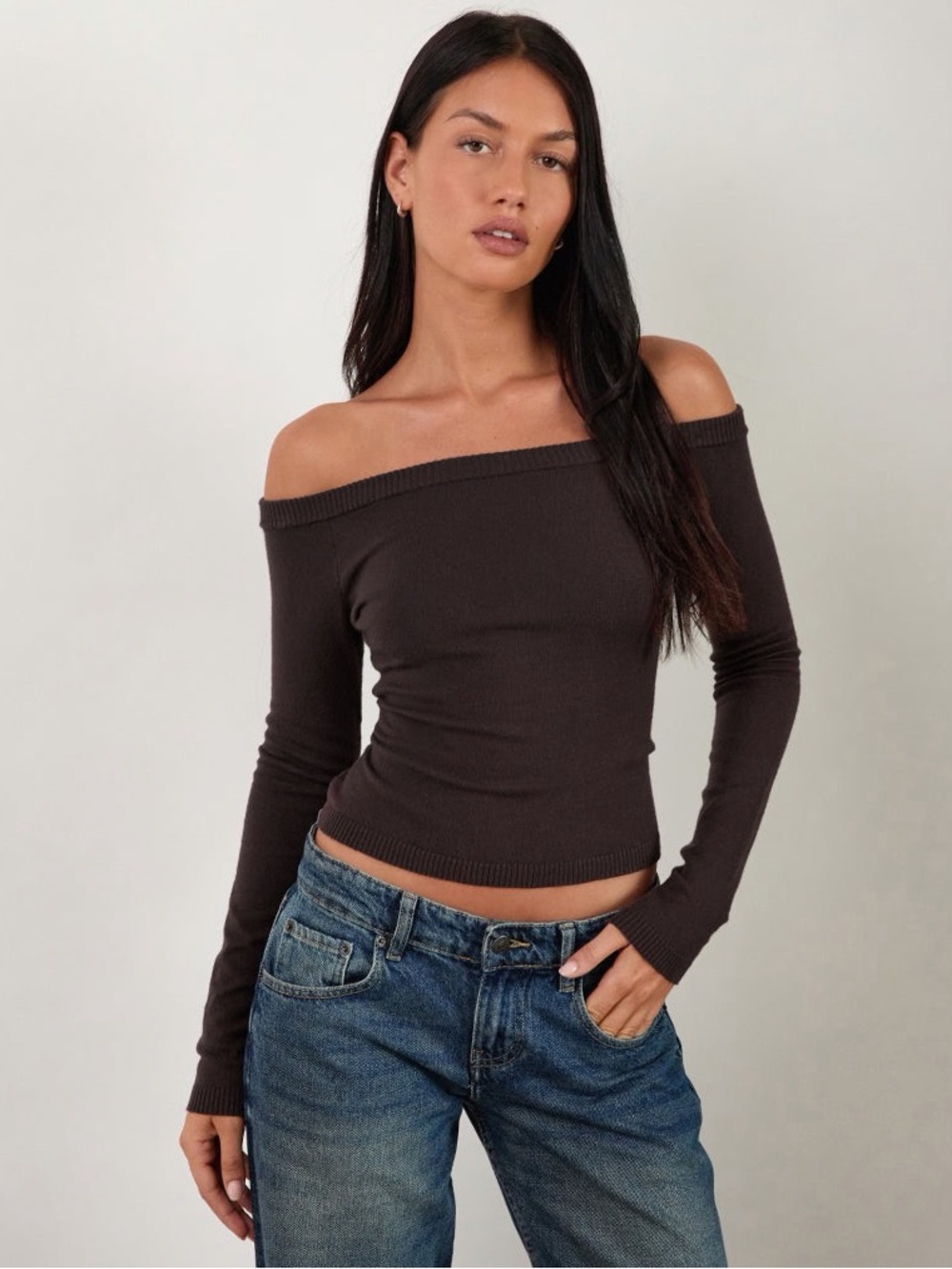 Motel Rocks Renie Bardot Top - Dark Brown Knit (XS)